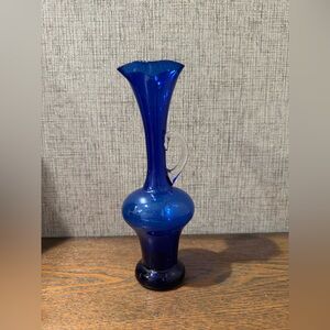 Vintage Cobalt Blue Glass Ewer Vase Handblown MCM